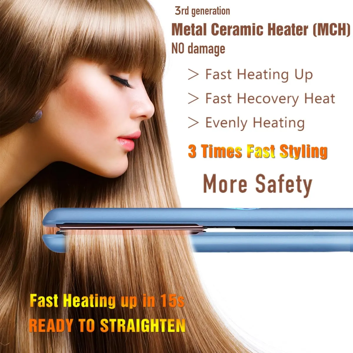 NITION Nano Titanium Hair Straightener 1" Heating Plate Smooth Straightening Flat Iron for Hair. LCD 265-450°F Adjustable for All Hair Type. Travel Pouch Bag Included. MCH Fast Heating Up. Blue