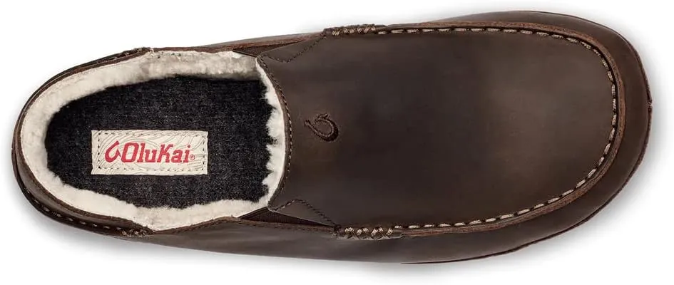 OLUKAI Moloa Slipper Men's Premium Leather Slip On Shoes, Soft Genuine Shearling Lining & Gel Insert, Drop-In Heel & All-Day Comfort