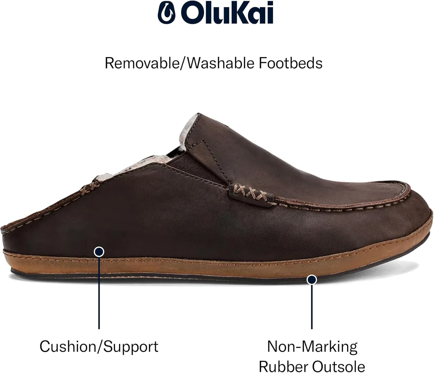 OLUKAI Moloa Slipper Men's Premium Leather Slip On Shoes, Soft Genuine Shearling Lining & Gel Insert, Drop-In Heel & All-Day Comfort