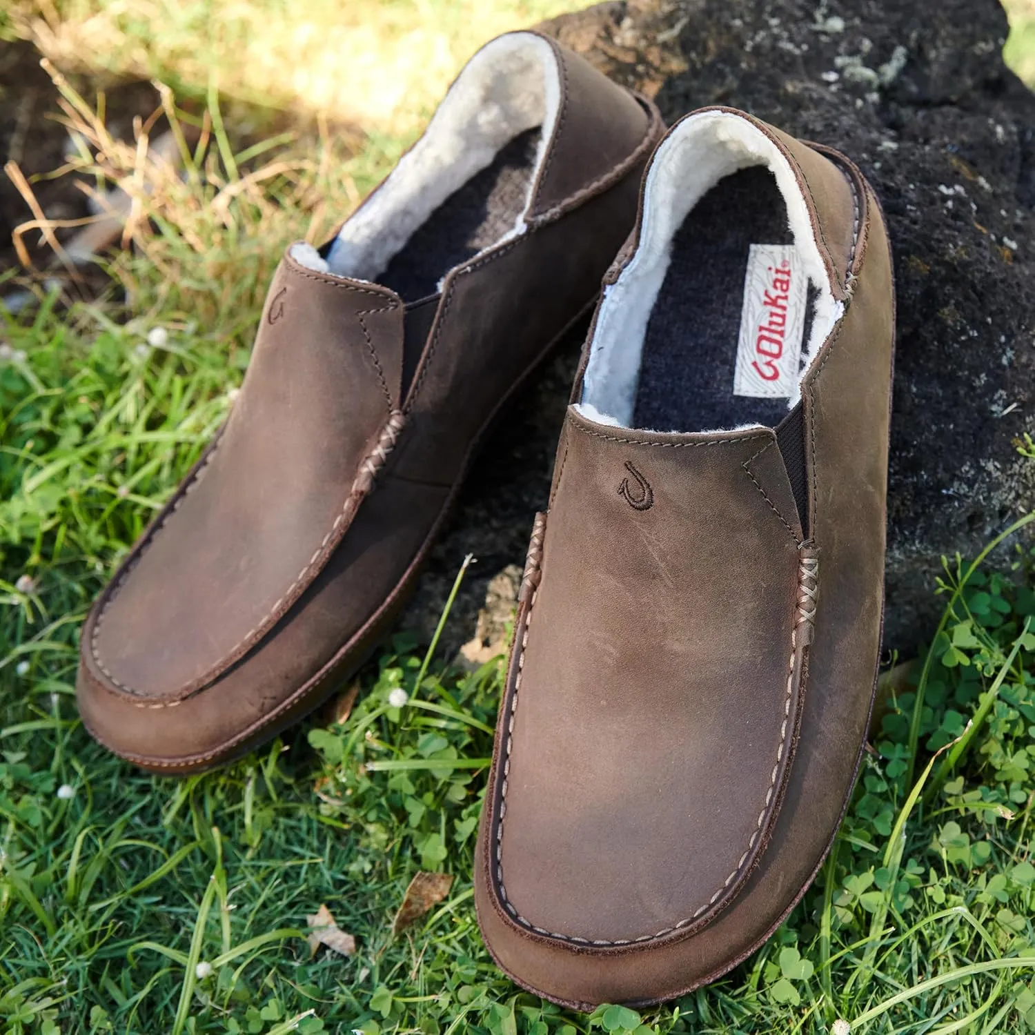 OLUKAI Moloa Slipper Men's Premium Leather Slip On Shoes, Soft Genuine Shearling Lining & Gel Insert, Drop-In Heel & All-Day Comfort