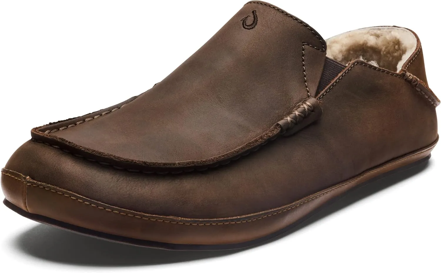 OLUKAI Moloa Slipper Men's Premium Leather Slip On Shoes, Soft Genuine Shearling Lining & Gel Insert, Drop-In Heel & All-Day Comfort