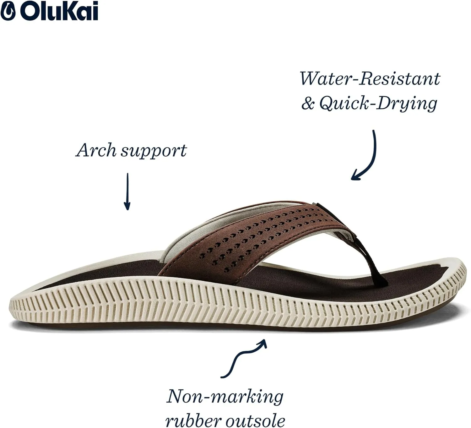 OLUKAI Ulele Men's Beach Sandals, Water Resistant Flip Flops, Arch Support & Comfort Fit, Lightweight & Durable, Enhanced Grip & Traction