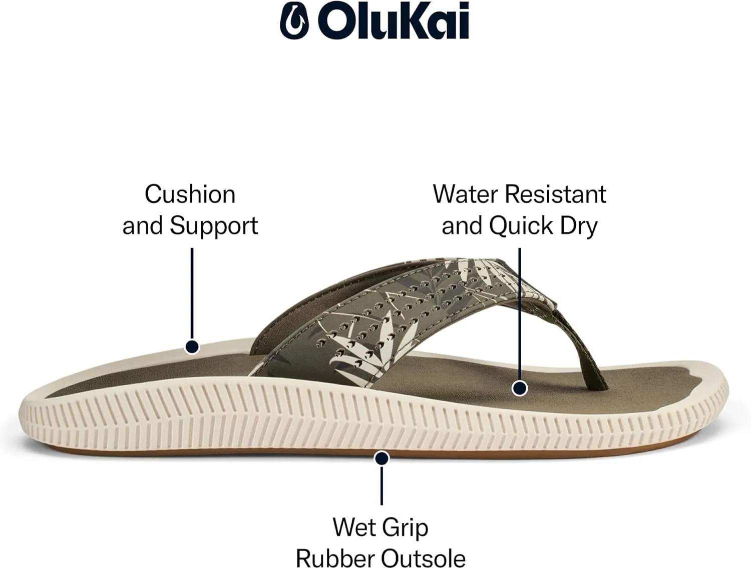 OLUKAI Ulele Men's Beach Sandals, Water Resistant Flip Flops, Arch Support & Comfort Fit, Lightweight & Durable, Enhanced Grip & Traction