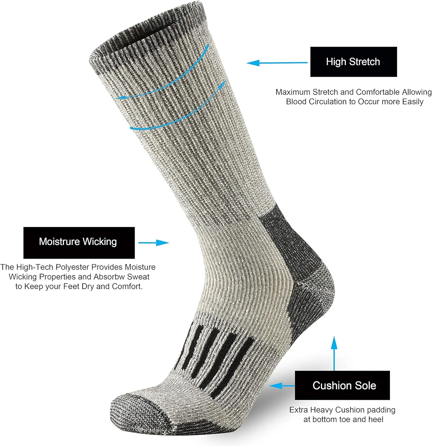 ONKE Merino Wool Cushion Crew Socks for Men Outdoor Hiking All Seasons Work Boot Heavy Thick Thermal Moisture Wicking Control