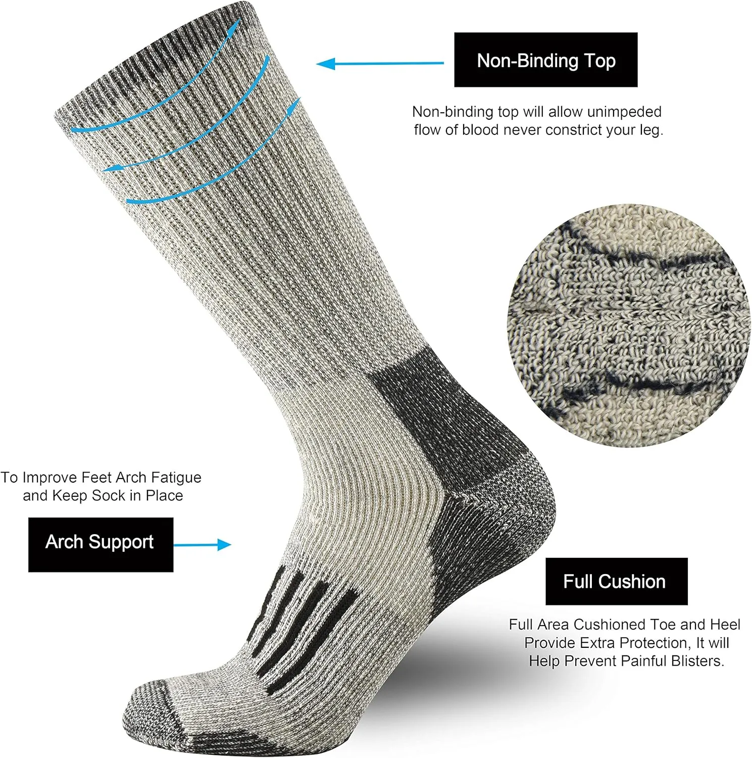 ONKE Merino Wool Cushion Crew Socks for Men Outdoor Hiking All Seasons Work Boot Heavy Thick Thermal Moisture Wicking Control