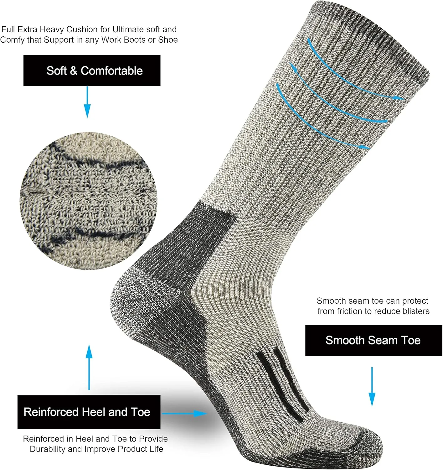 ONKE Merino Wool Cushion Crew Socks for Men Outdoor Hiking All Seasons Work Boot Heavy Thick Thermal Moisture Wicking Control