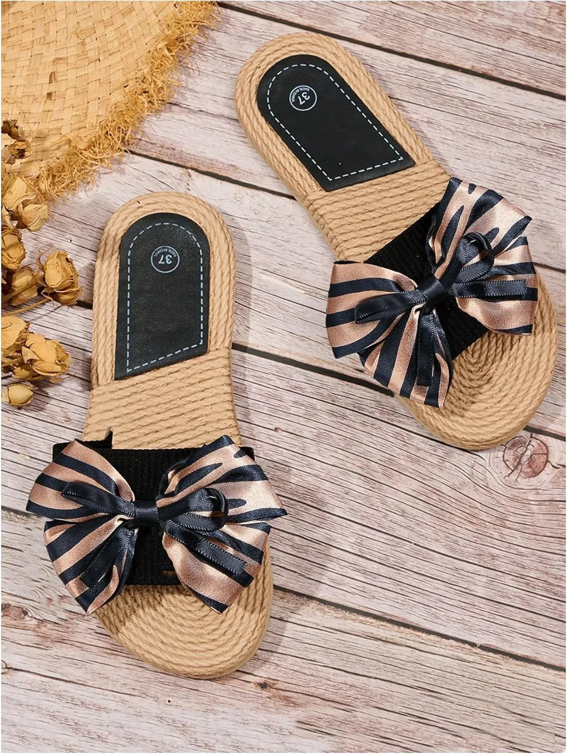 OYOANGLE Women's Boho Bow Open Toe Flat Sandal Summer Beach Vacation Slip On Slides