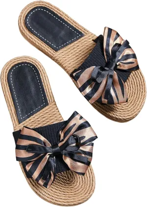 OYOANGLE Women's Boho Bow Open Toe Flat Sandal Summer Beach Vacation Slip On Slides