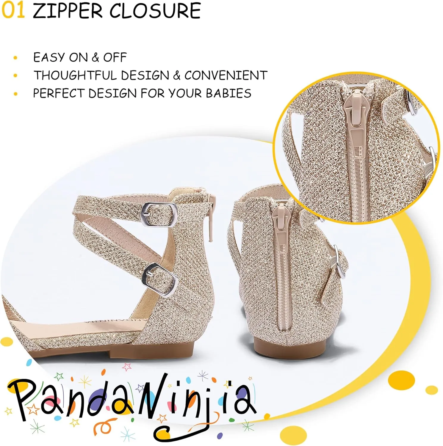 PANDANINJIA Girls Dress Shoes Flats Wedding Party School Toddler Little Kids Ankle Strap Ballet Flats Sandals