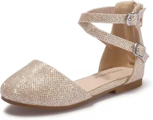 PANDANINJIA Girls Dress Shoes Flats Wedding Party School Toddler Little Kids Ankle Strap Ballet Flats Sandals