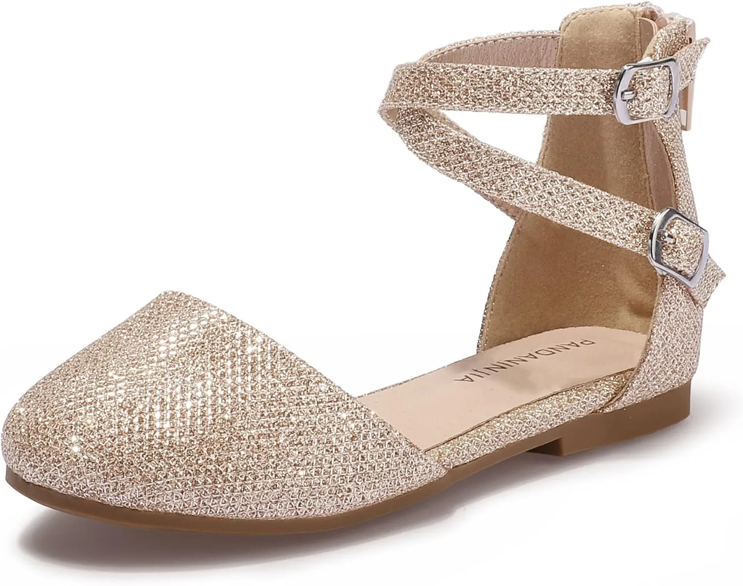 PANDANINJIA Girls Dress Shoes Flats Wedding Party School Toddler Little Kids Ankle Strap Ballet Flats Sandals