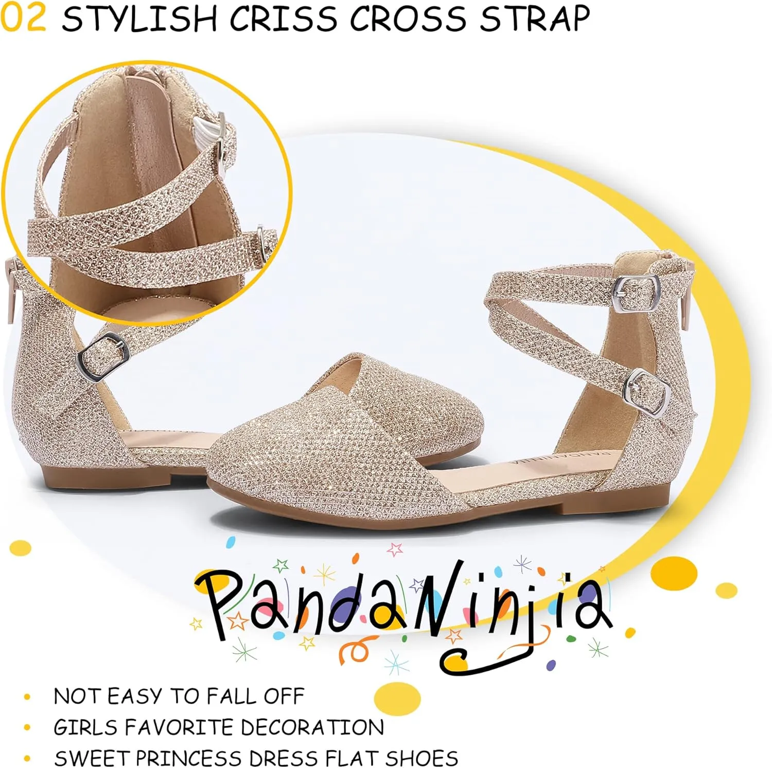 PANDANINJIA Girls Dress Shoes Flats Wedding Party School Toddler Little Kids Ankle Strap Ballet Flats Sandals