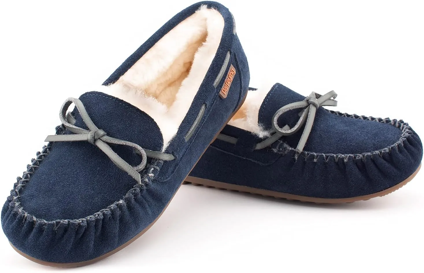 Parfeying Women's Sheepskin Moccasins Cow Suede Memory Foam Slippers Indoor Outdoor Shearling Winter Shoes