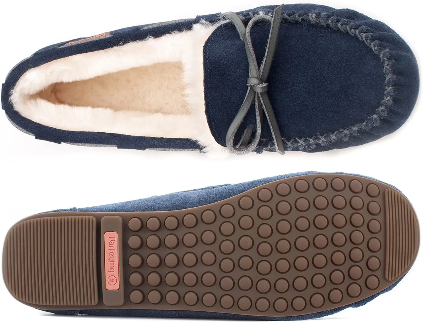 Parfeying Women's Sheepskin Moccasins Cow Suede Memory Foam Slippers Indoor Outdoor Shearling Winter Shoes