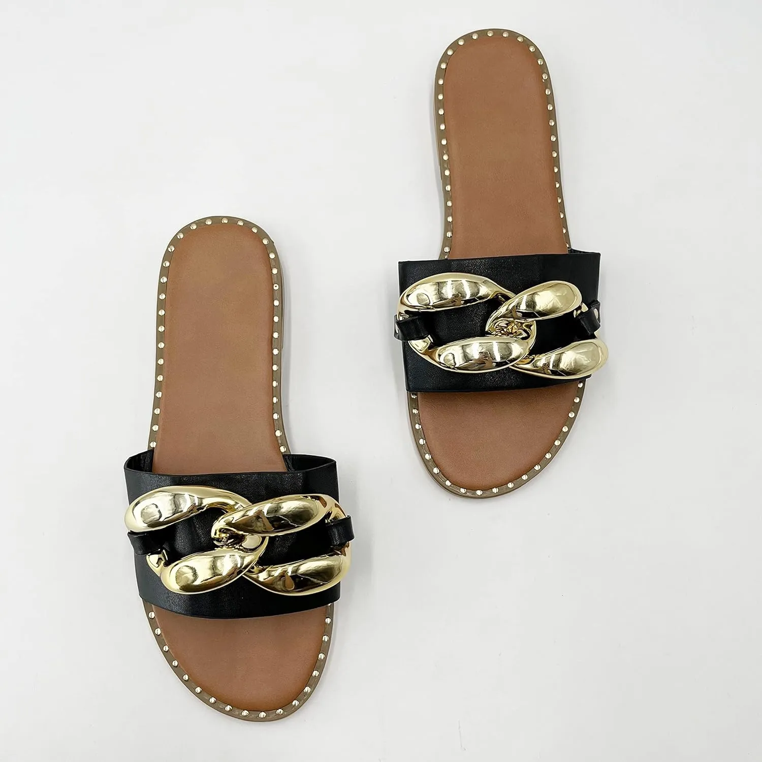 pearl&she Women's Leather Flat Slippers Metallic Link Chains Slip On Summer Indoor and Outdoor Slide Sandals