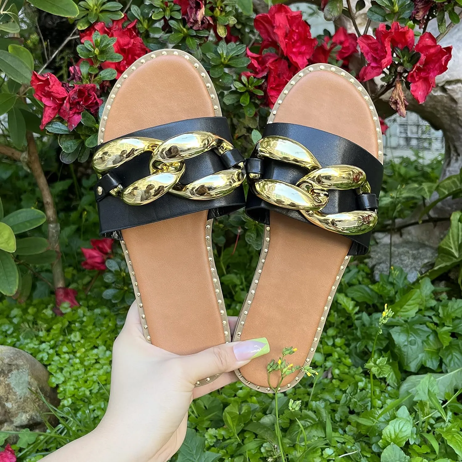 pearl&she Women's Leather Flat Slippers Metallic Link Chains Slip On Summer Indoor and Outdoor Slide Sandals