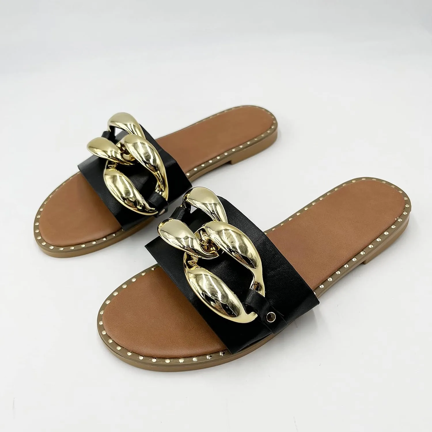 pearl&she Women's Leather Flat Slippers Metallic Link Chains Slip On Summer Indoor and Outdoor Slide Sandals