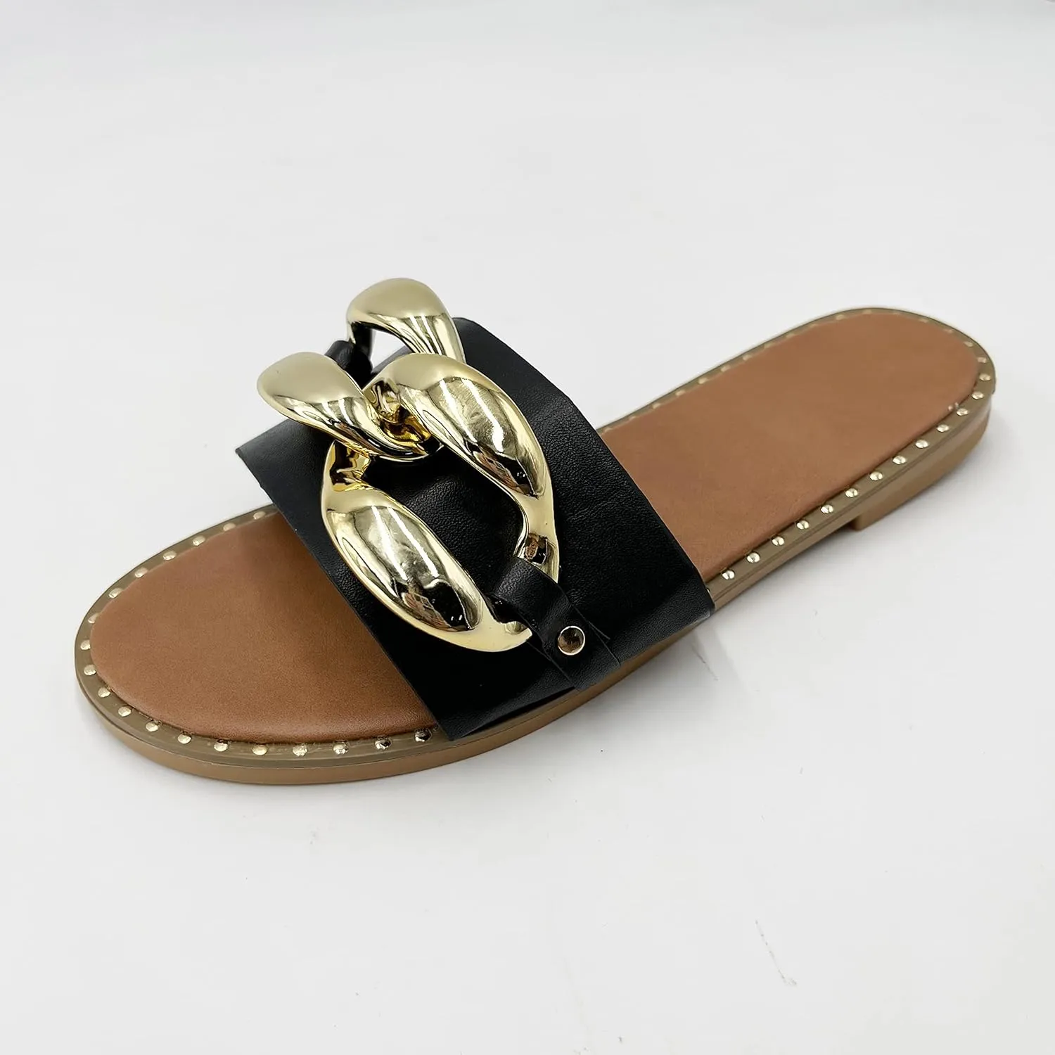 pearl&she Women's Leather Flat Slippers Metallic Link Chains Slip On Summer Indoor and Outdoor Slide Sandals