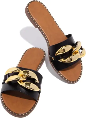 pearl&she Women's Leather Flat Slippers Metallic Link Chains Slip On Summer Indoor and Outdoor Slide Sandals