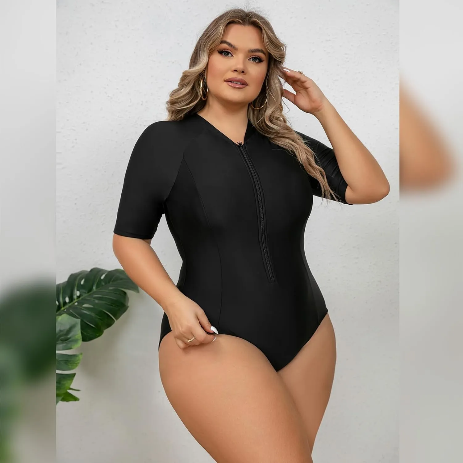 Plus Size Rash Guard for Women Zip Up High Stretchy Long Sleeve One Piece Sun Protection Swimsuits Bathing Suit