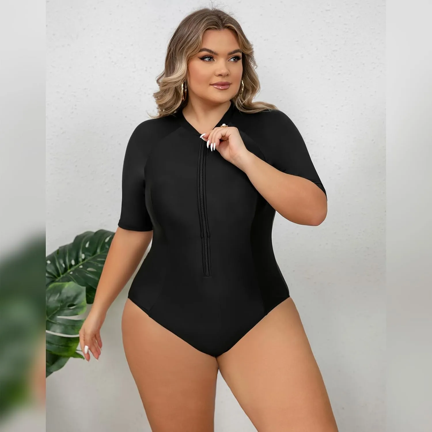 Plus Size Rash Guard for Women Zip Up High Stretchy Long Sleeve One Piece Sun Protection Swimsuits Bathing Suit