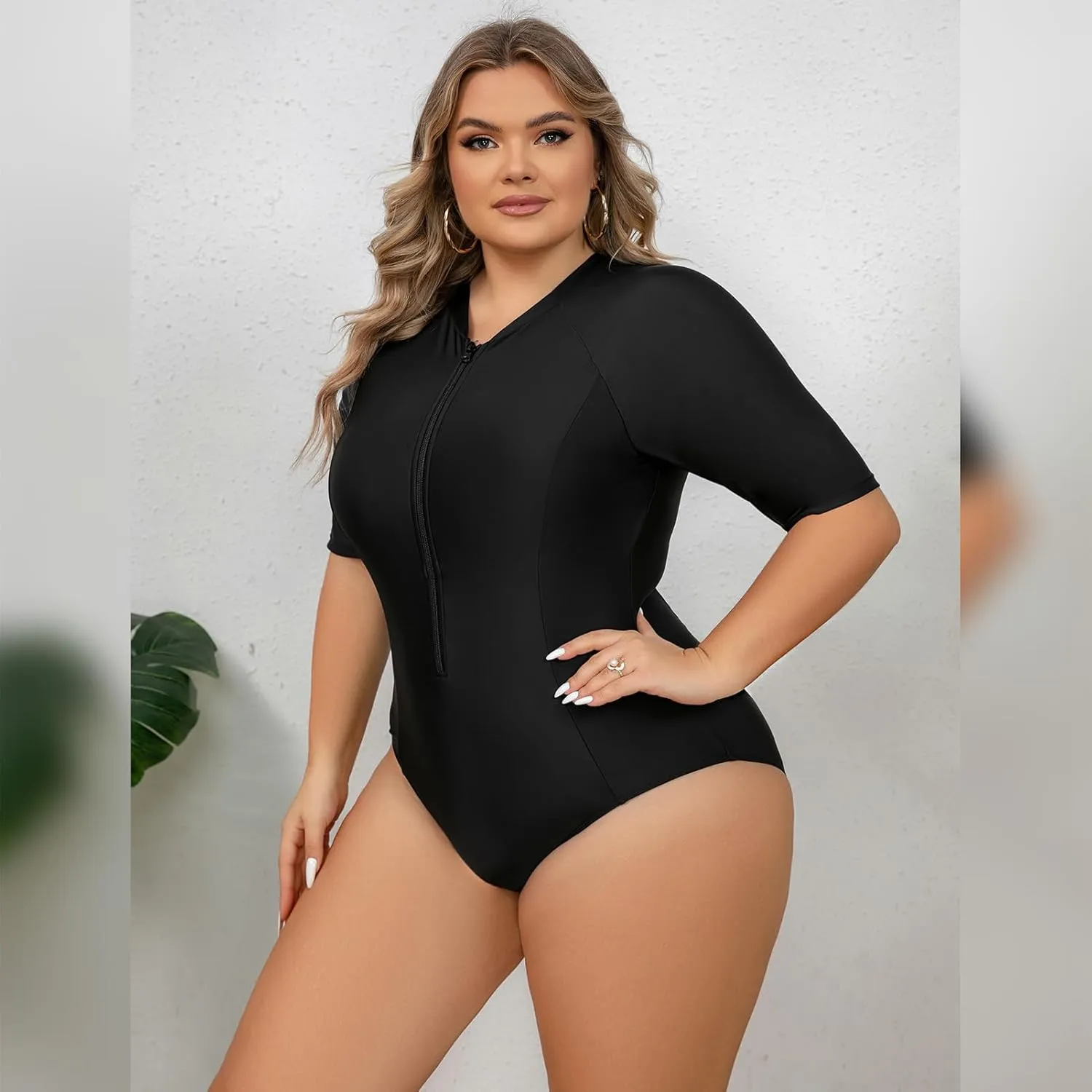 Plus Size Rash Guard for Women Zip Up High Stretchy Long Sleeve One Piece Sun Protection Swimsuits Bathing Suit