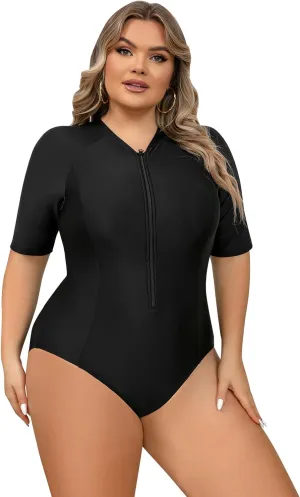 Plus Size Rash Guard for Women Zip Up High Stretchy Long Sleeve One Piece Sun Protection Swimsuits Bathing Suit