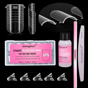 Poly Gel Nail Kit For Toes and Fingers,GlimightyX Straight Flat Dual Forms Reusable for Polygel,Pre-etched No-file Needed, 16 Sizes,with 1.35oz Nail Slip Solution, Dual-Ended Brush,Nail File &5 Clips