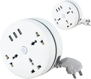 Power Strip for Travel - 3 Socket Extension Cable with 3 USB A, 2500W 10A Multi Power Strip Plug Extension with 6.5 Ft Rollable Extension Cord, White