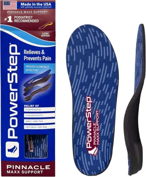 PowerStep Pinnacle Maxx Orthotic Insoles - For Maximum Stability & Comfort - Firm   Flexible Angled Heel Style to Help Flat Feet & Overpronation - Heavy Duty Inserts - Made in USA (M 8-8.5, F 10-10.5)