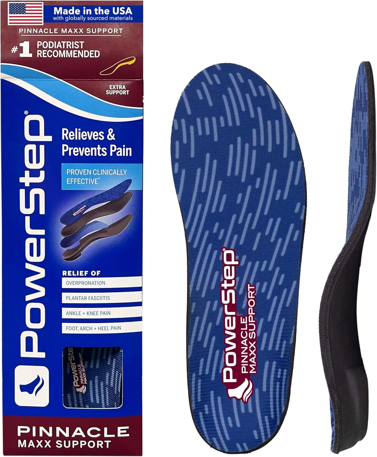 PowerStep Pinnacle Maxx Orthotic Insoles - For Maximum Stability & Comfort - Firm   Flexible Angled Heel Style to Help Flat Feet & Overpronation - Heavy Duty Inserts - Made in USA (M 8-8.5, F 10-10.5)