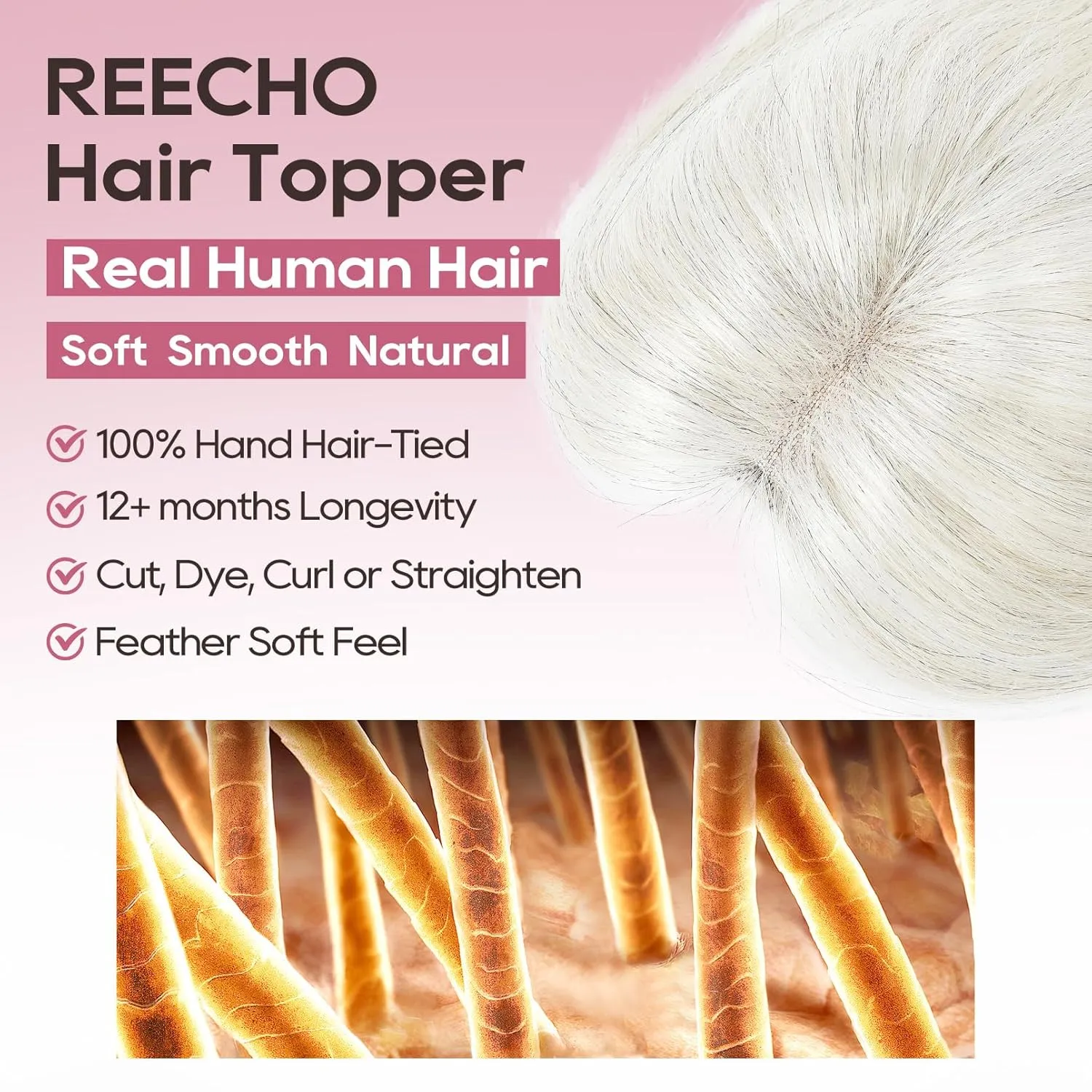 REECHO Real Human Hair Topper, 10 inch Women Hair Toppers for Thinning Hair, 100 Percent Human Hair Large Coverage Natural Hairpiece Wiglet, Waterdrop Base 2.5"x4", Silver White