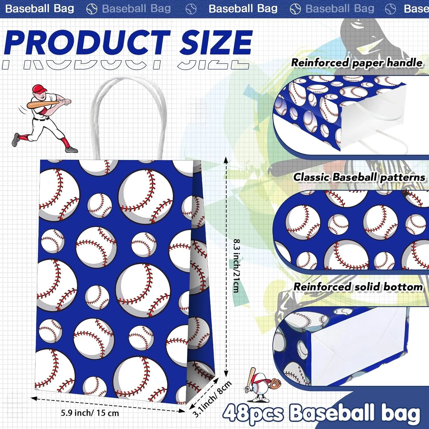 ReliThick 48 Pcs Baseball Goodie Bags Baseball Snack Treat Bags with Handles for Team Snacks Sports Party Supplies Birthday Party(Blue)
