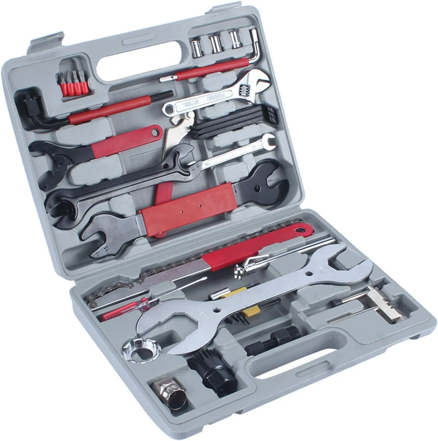 Repair Tool Kit Set 44pcs Multi Tools for Mountain Bike Cycle Puncture Tyre Pump with and flat screwdrivers freewheel remover small screwdriver and more