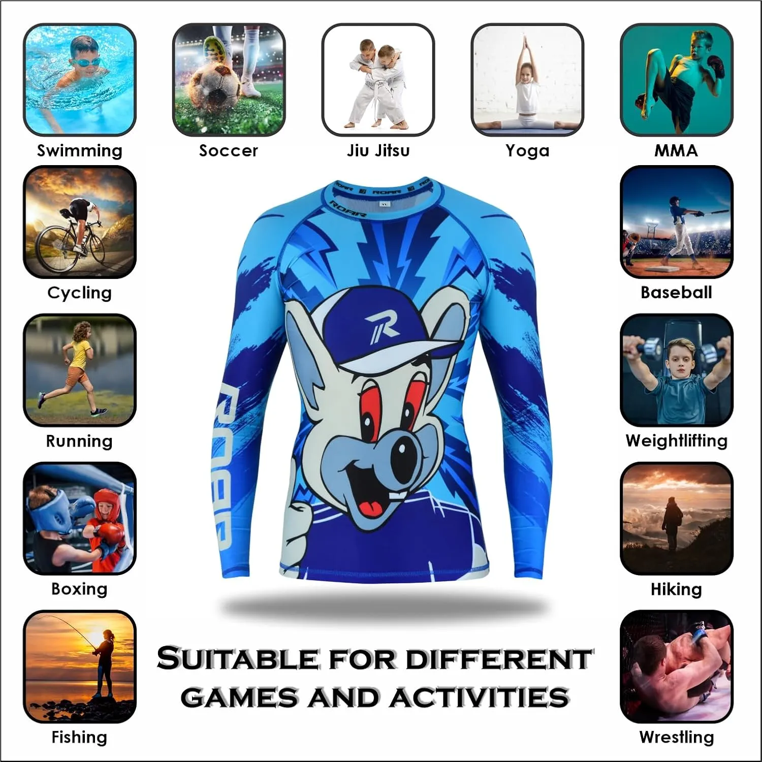 Roar BJJ Kid's MMA Rash Guard Training No-Gi and Gi Jiu Jitsu Rashguard MMA Grappling Compression Shirts Wrestling