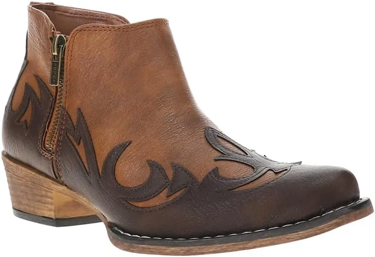 ROPER Womens Lorene Tooled Inlay Snip Toe Casual Boots Ankle Low Heel 1-2" - Brown, White
