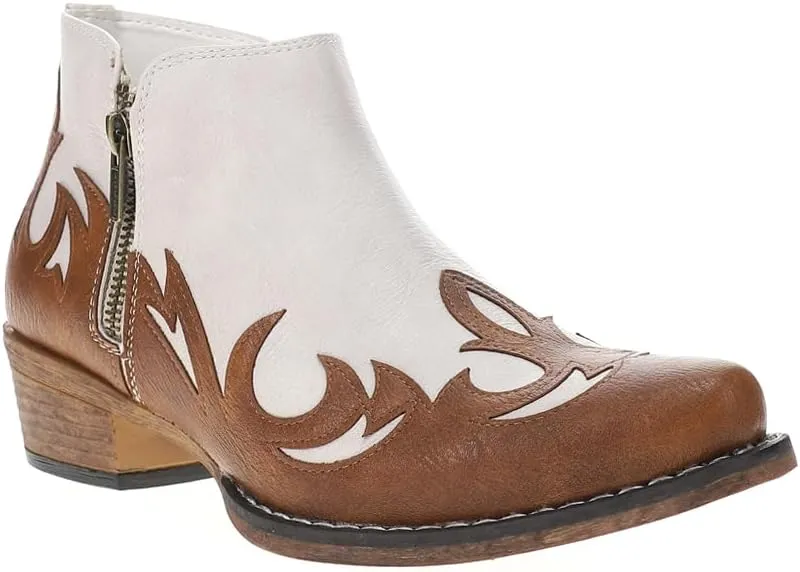 ROPER Womens Lorene Tooled Inlay Snip Toe Casual Boots Ankle Low Heel 1-2" - Brown, White