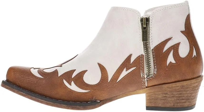 ROPER Womens Lorene Tooled Inlay Snip Toe Casual Boots Ankle Low Heel 1-2" - Brown, White