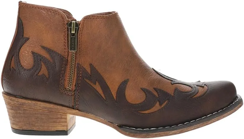 ROPER Womens Lorene Tooled Inlay Snip Toe Casual Boots Ankle Low Heel 1-2" - Brown, White