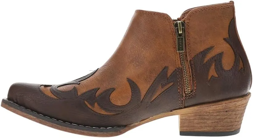 ROPER Womens Lorene Tooled Inlay Snip Toe Casual Boots Ankle Low Heel 1-2" - Brown, White