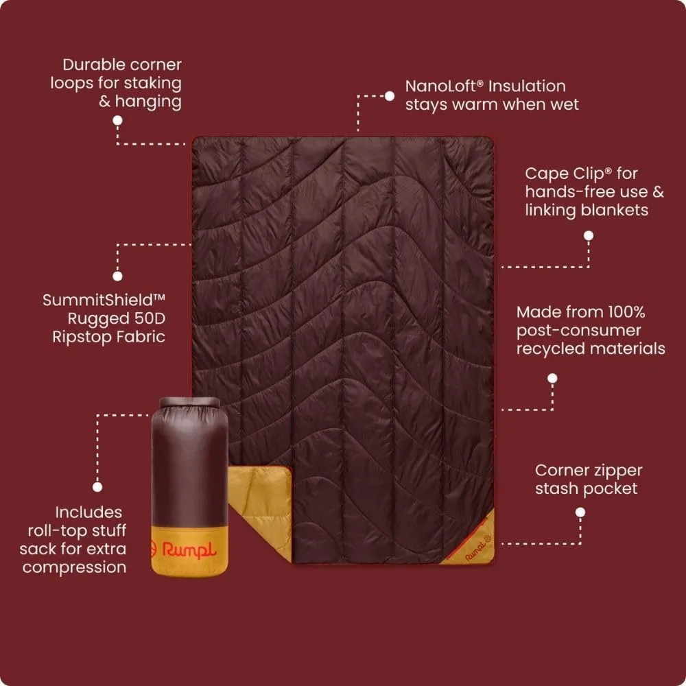 Rumpl Backcountry Puffy Blanket - Packing Comfort Into Uncomfortable Places, 100% Recycled Polyester Insulation, Lightweight, Packable, Water Resistant, 52" x 75", Redwood
