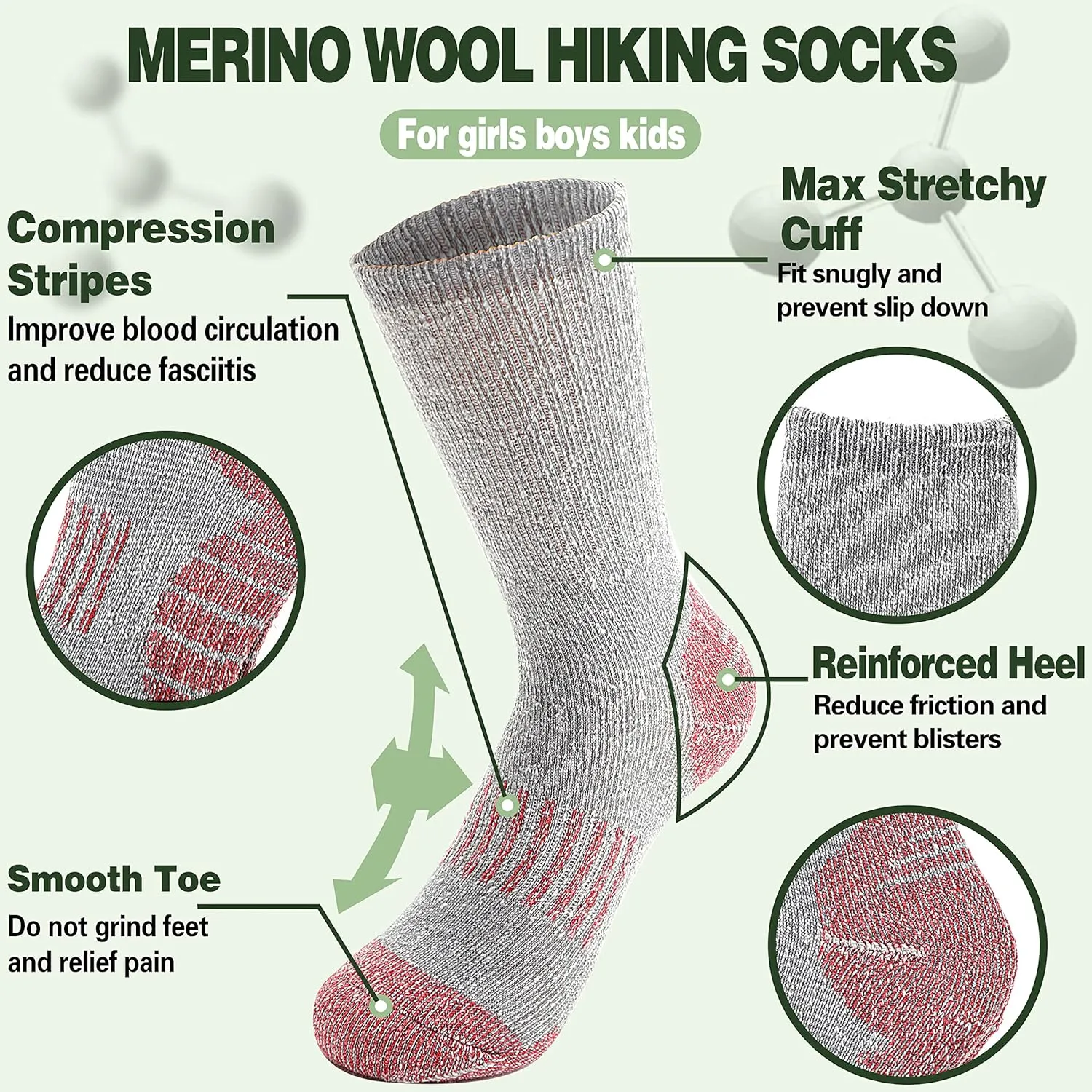 Sandsuced Kids Merino Wool Hiking Socks Girls Boys Toddler Winter Thermal Warm Cozy Boot Thick Cushion Socks 4 Pairs