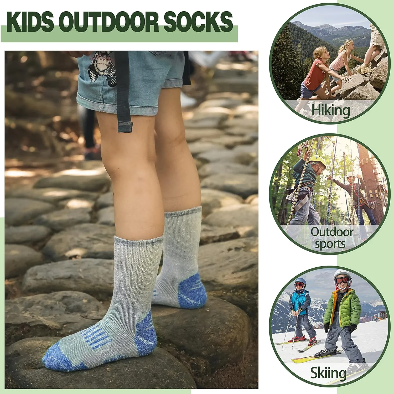 Sandsuced Kids Merino Wool Hiking Socks Girls Boys Toddler Winter Thermal Warm Cozy Boot Thick Cushion Socks 4 Pairs