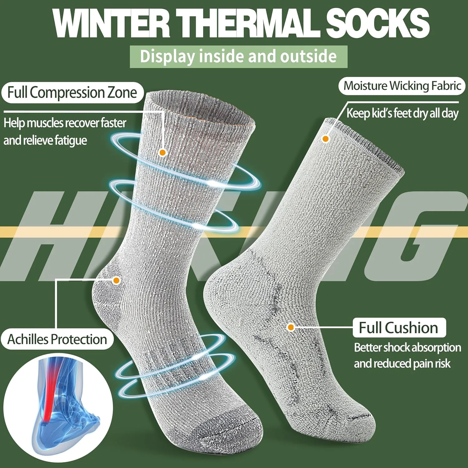 Sandsuced Kids Merino Wool Hiking Socks Girls Boys Toddler Winter Thermal Warm Cozy Boot Thick Cushion Socks 4 Pairs