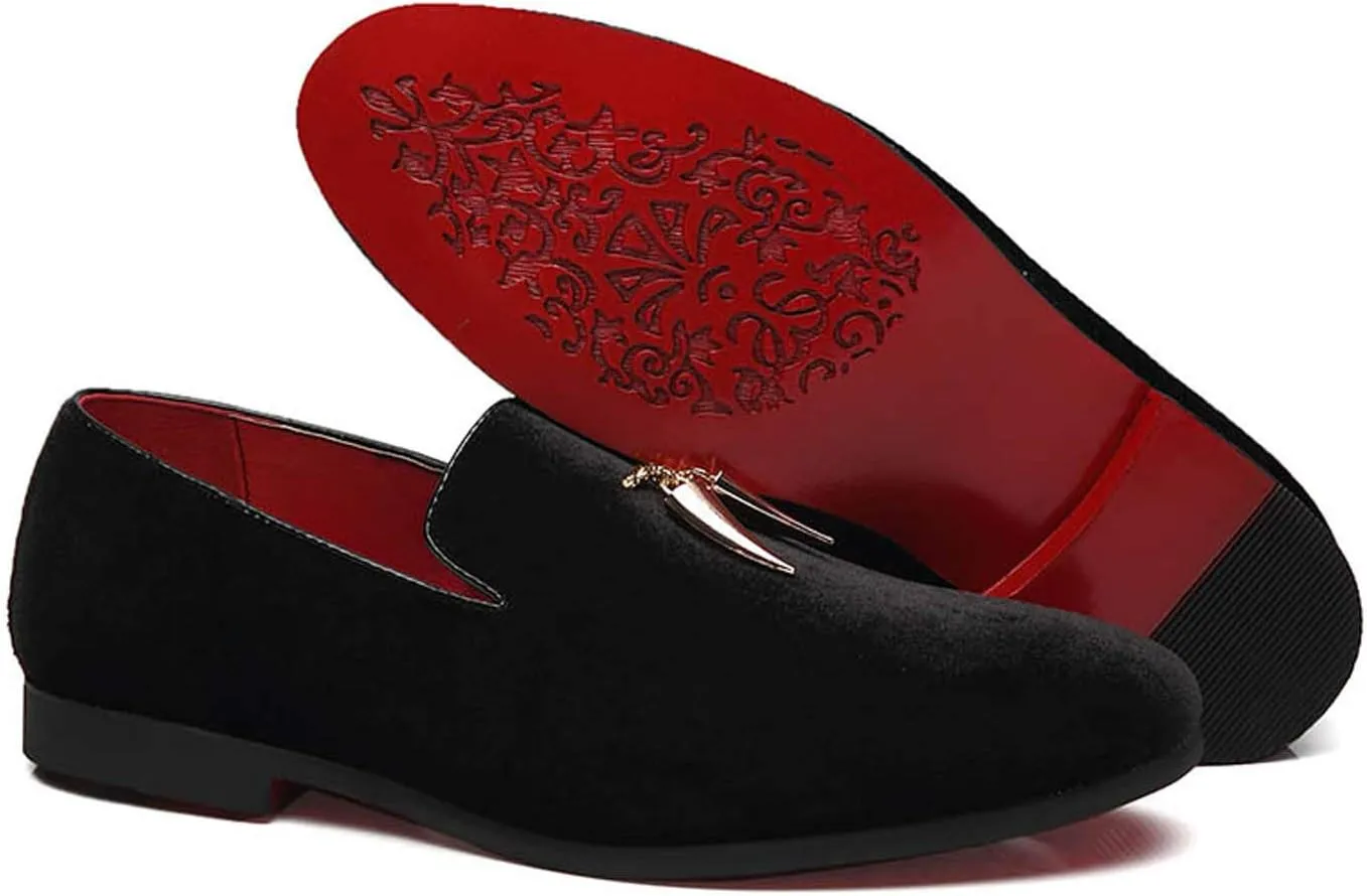 Santimon Loafers Shoes Men Fashion Slip on Metal Fringed Round Toe Velvet Smoking Slipper Moccasins Driving Shoes Black Blue Red