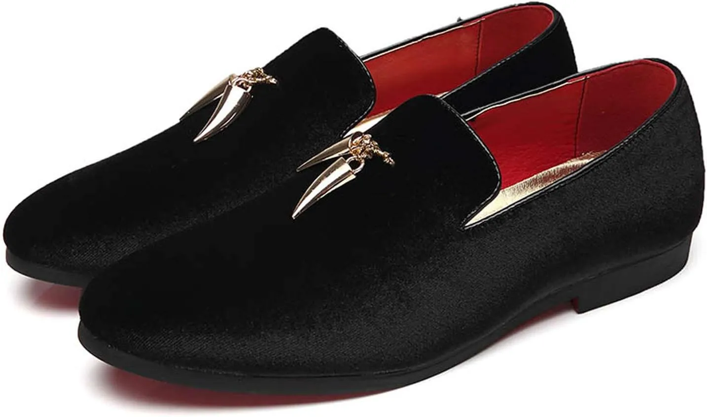 Santimon Loafers Shoes Men Fashion Slip on Metal Fringed Round Toe Velvet Smoking Slipper Moccasins Driving Shoes Black Blue Red