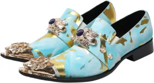 Santimon Men's Dress Shoes Suede Leather Multicolored Dragon Metal Tip Single Strap Gold Crystals Bead Wedding Formal Loafers