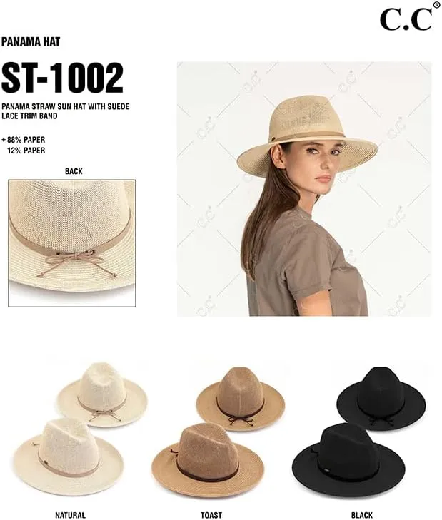 ScarvesMe Women's Classic Panama Straw Sun Hat with Suede Lace Trim Band