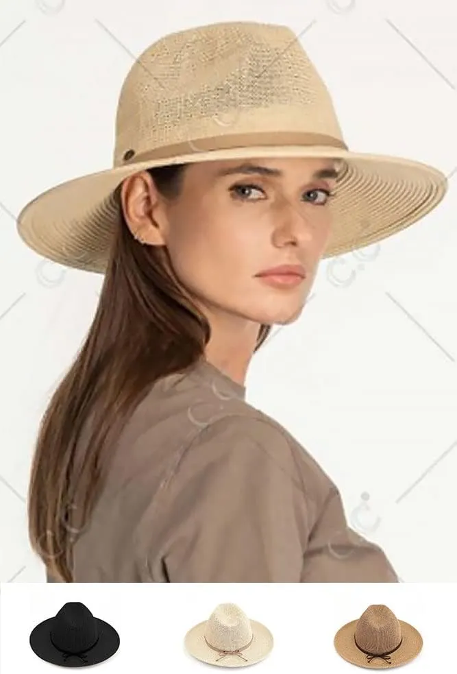 ScarvesMe Women's Classic Panama Straw Sun Hat with Suede Lace Trim Band
