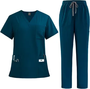 Scrubs for Women Set Stretch V-Neck Scrub Tops & Cargo Pant Quick Drying Solid Medical Nurse Uniform with Pockets